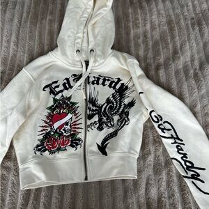Ed Hardy Cream Hoodie with Heart and Eagle Design